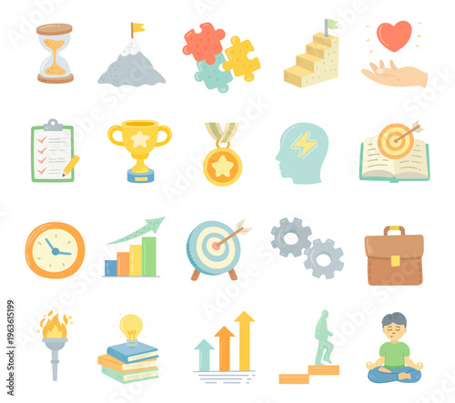 Personal development set in scandinavian style featuring motivation growth success goal achievement productivity time management problem solving career progress learning
