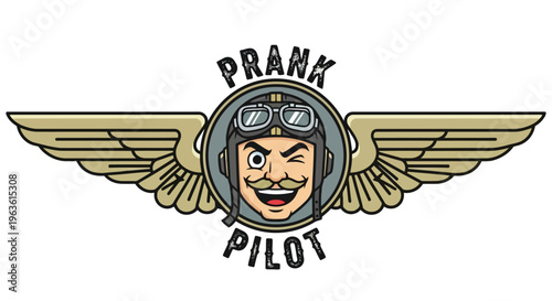 Prank pilot cartoon logo with wings and helmet