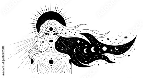 Mystical celestial woman illustration with sun, moon phases, and stars in flowing cosmic hair, spiritual esoteric goddess art