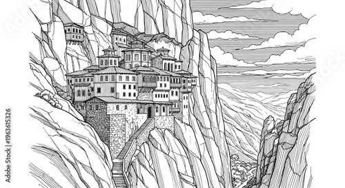 Ancient Cliffside Monastery Complex Illustration: Traditional Temple Architecture Built into Steep Mountains, Serene Remote Landscape Drawing