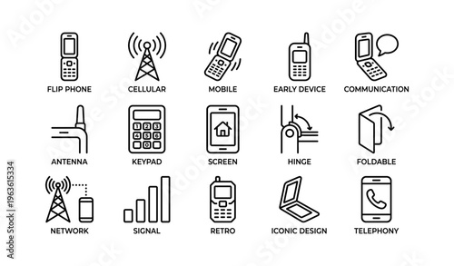 Vintage mobile phone icons illustrating communication evolution