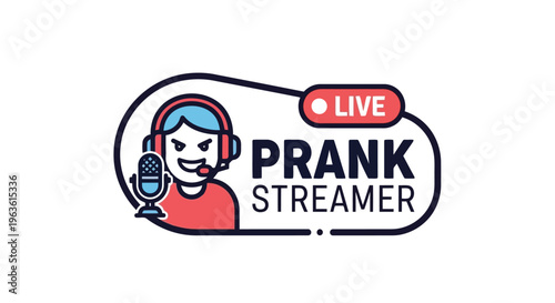 Minimalist live prank streamer logo with cartoon character and microphone