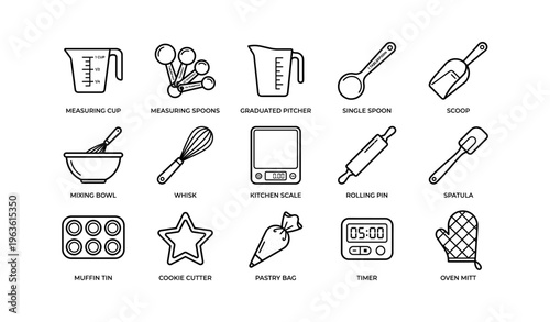 Kitchen utensils illustration including measuring cups and baking tools