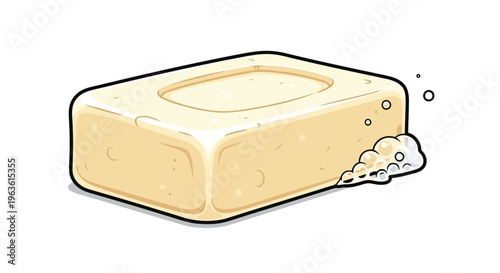 Cartoon soap bar with bubbles on white background