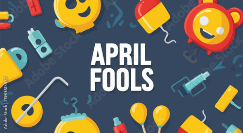 Colorful April Fools Day banner with smiling emojis and party objects