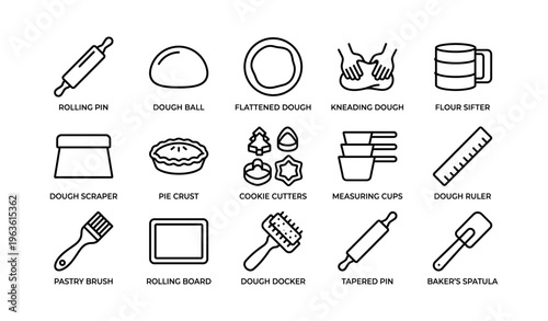 Kitchen utensils for baking: rolling pin, dough prep, measuring cups, and pastry tools