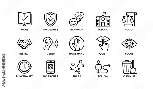 School rules and etiquette icons: guidelines for behavior and respect