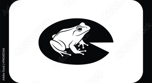Stylized black and white vector illustration featuring frog inside geometric oval with symmetrical brackets, creative design blending organic and abstract elements for art themes