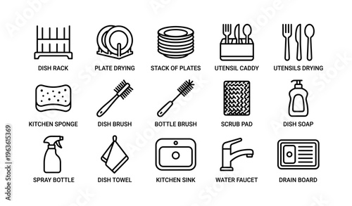 Kitchen utensils and cleaning items icons - rack, plates, brushes, sponge, soap