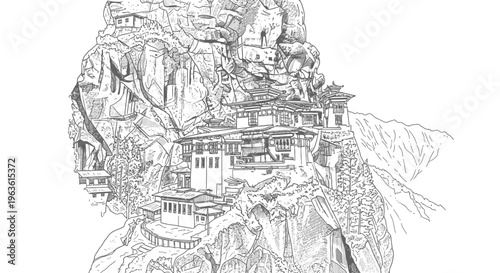 Detailed line art drawing of a majestic ancient mountain monastery complex nestled into a dramatic rugged cliff face landscape.