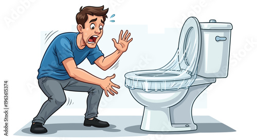 Man reacting in shock to overflowing toilet bowl in bathroom
