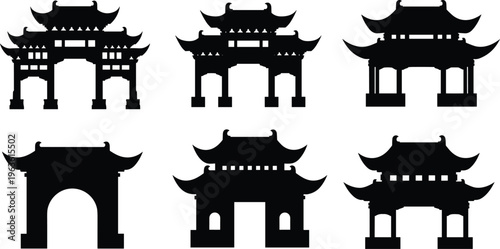 Vector illustration of six traditional Chinese-style gate silhouettes, ornate paifang archways with curved roofs, columns, and symbolic ceremonial entrance designs for cultura
