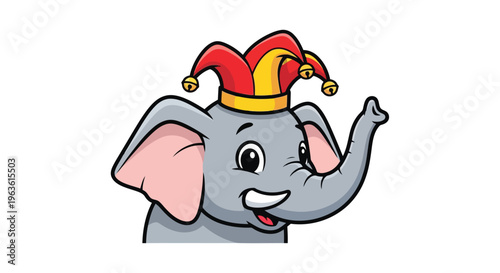 Cartoon elephant wearing jester hat waving happily in playful illustration