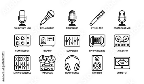 Audio equipment icons: microphones, equalizer, headphones, tape echo, monitor