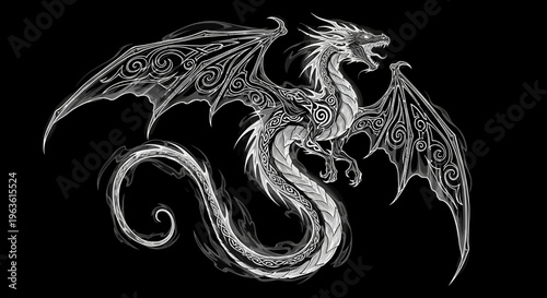 Ethereal white fantasy dragon illustration with intricate scrollwork patterns on a dark background. Majestic mythical creature art.