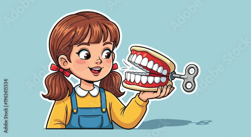 Little girl holding oversized dental model with movable jaw