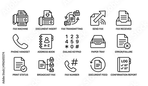 Fax machine icons set: communication and office equipment symbols