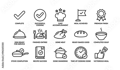 Icon set depicting cooking success and achievement symbols