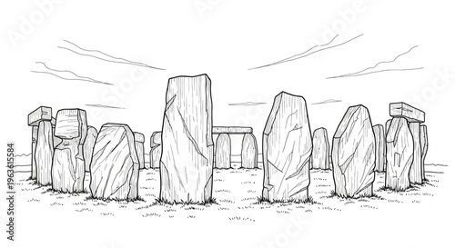Hand-drawn sketch of ancient prehistoric stone circle monument under a cloudy sky. Detailed monochrome illustration of megalithic standing stones.