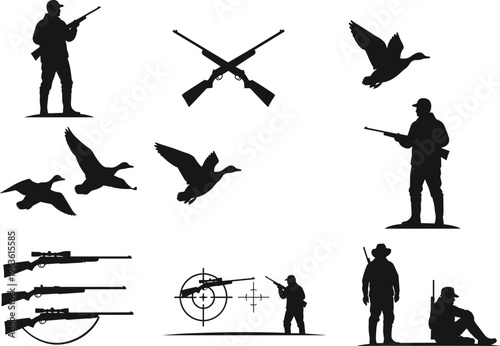 Vector illustration of hunting silhouettes featuring hunters with rifles, flying ducks, crossed firearms, and target aim scenes for outdoor, sport, and wildlife themes