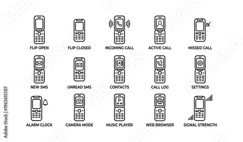 Mobile phone icon set featuring communication and utility functions