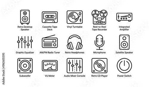 Vintage audio equipment icons: speaker, tape deck, turntable, recorder, amplifier, equalizer, tuner, headphones, microphone