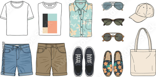 Collection of summer clothing and accessories for men and women laid out for outfit planning.