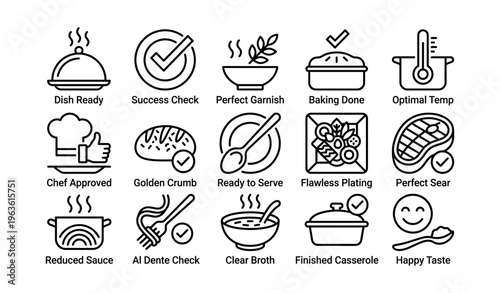 Cooking icons: dish ready, success check, perfect garnish, baking, temperature