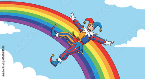 Jester riding colorful rainbow under blue sky with white clouds cartoon vector