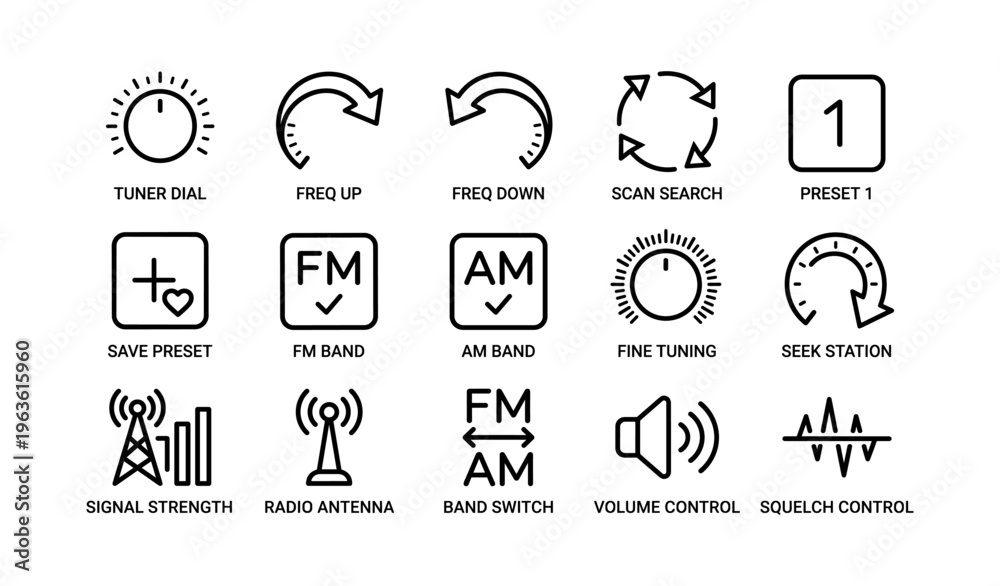 Fototapeta premium Radio interface icons set: tuner, frequency, preset, fm am band, signal strength