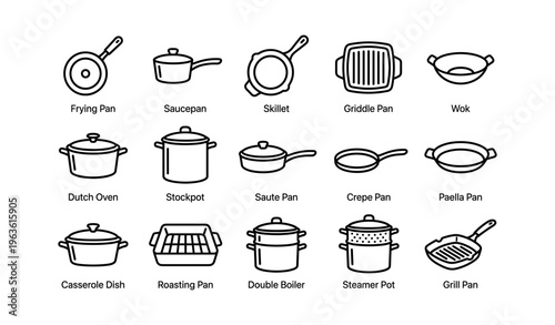 Collection of various kitchen pans and pots illustrated with outlines