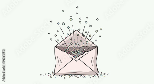 Pink envelope exploding with confetti and stars on light green background vector