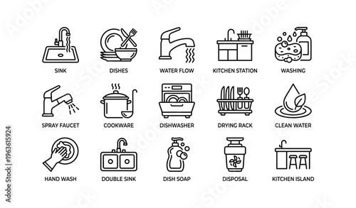 Kitchen icon set: sink, dishes, dishwasher, cooking, cleaning essentials