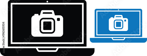 Iconic camera symbols on tablet and laptop devices representing digital photography and technology