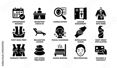 Spa icons: appointment, relaxation, sauna, massage, payment