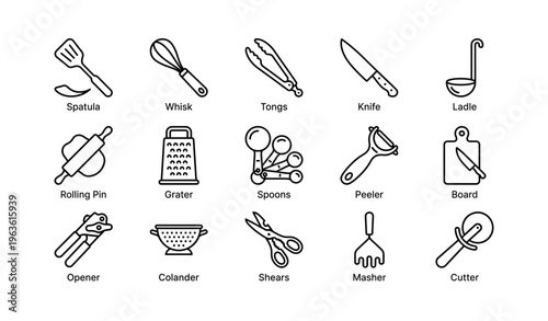 Essential kitchen utensils: spatula, whisk, tongs, knife, ladle