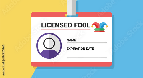 Licensed fool ID badge with jester hat and purple profile icon on colorful background