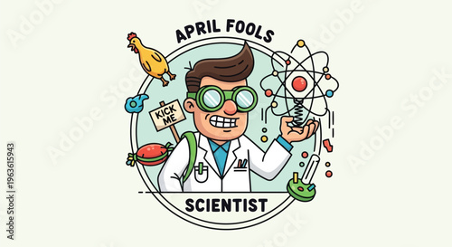 April Fools scientist in lab coat holding beaker with colorful atomic structure