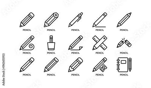 Assorted pencil icons set featuring various styles and designs