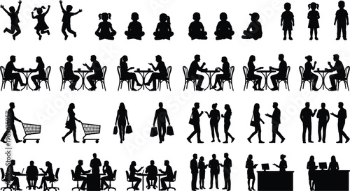 Mega Collection of People Silhouettes Featuring Children Jumping and Sitting Couples Dining at Tables Shoppers with Carts and Business Professionals in Office Meetings