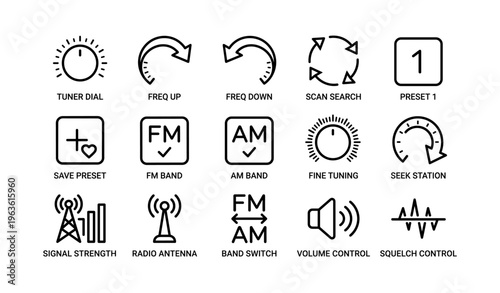 Radio interface icons set: tuner, frequency, preset, fm am band, signal strength