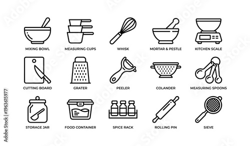 Kitchen utensil icons: mixing bowls, scales, graters, and more