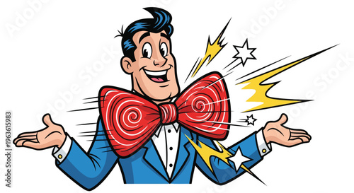 Smiling man in blue suit with large red bow tie and motion lines