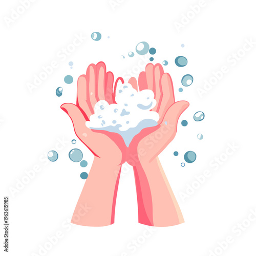 Washing Hands with Soap Bubbles. Clean Hands for Hygiene and Health. Protect yourself. Virus Prevention. Vector Illustration. Hand hygiene concept. Stay safe, stay healthy.