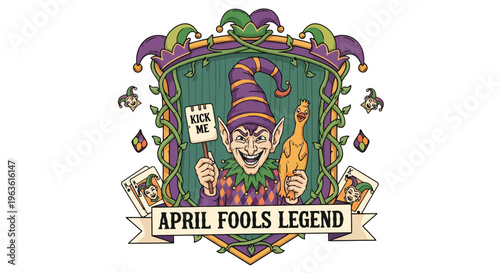 April Fools Legend Cartoon Jester Holding Turkey and Sign in Colorful illustration