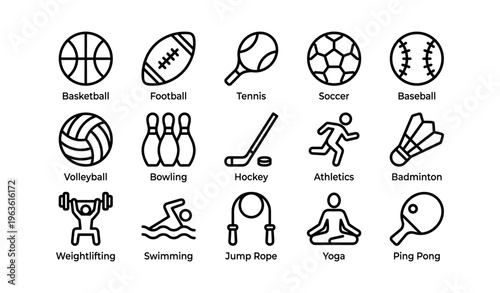 Icon set of various sports equipment and activities