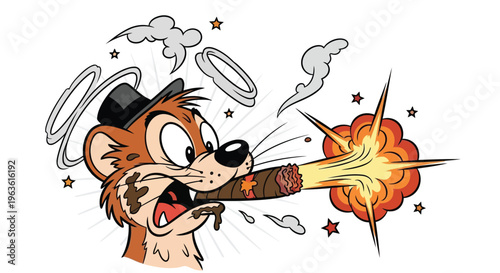 Cartoon tiger smoking explosive cigar with top hat on head illustration