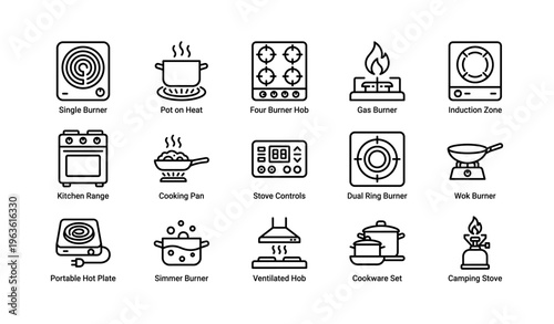Collection of kitchen cooking stove and burner icons in black and white