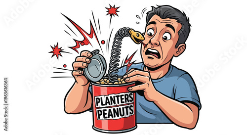 Man shocked by exploding peanuts can cartoon vector