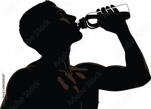 Silhouette man drinking water from bottle during workout.